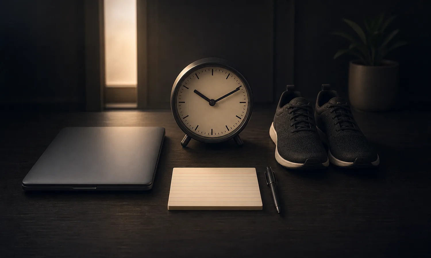 Use If-Then Planning lesson art: analog clock, shoes by the door, closed laptop, blank index card, and pen as a trigger-to-action setup