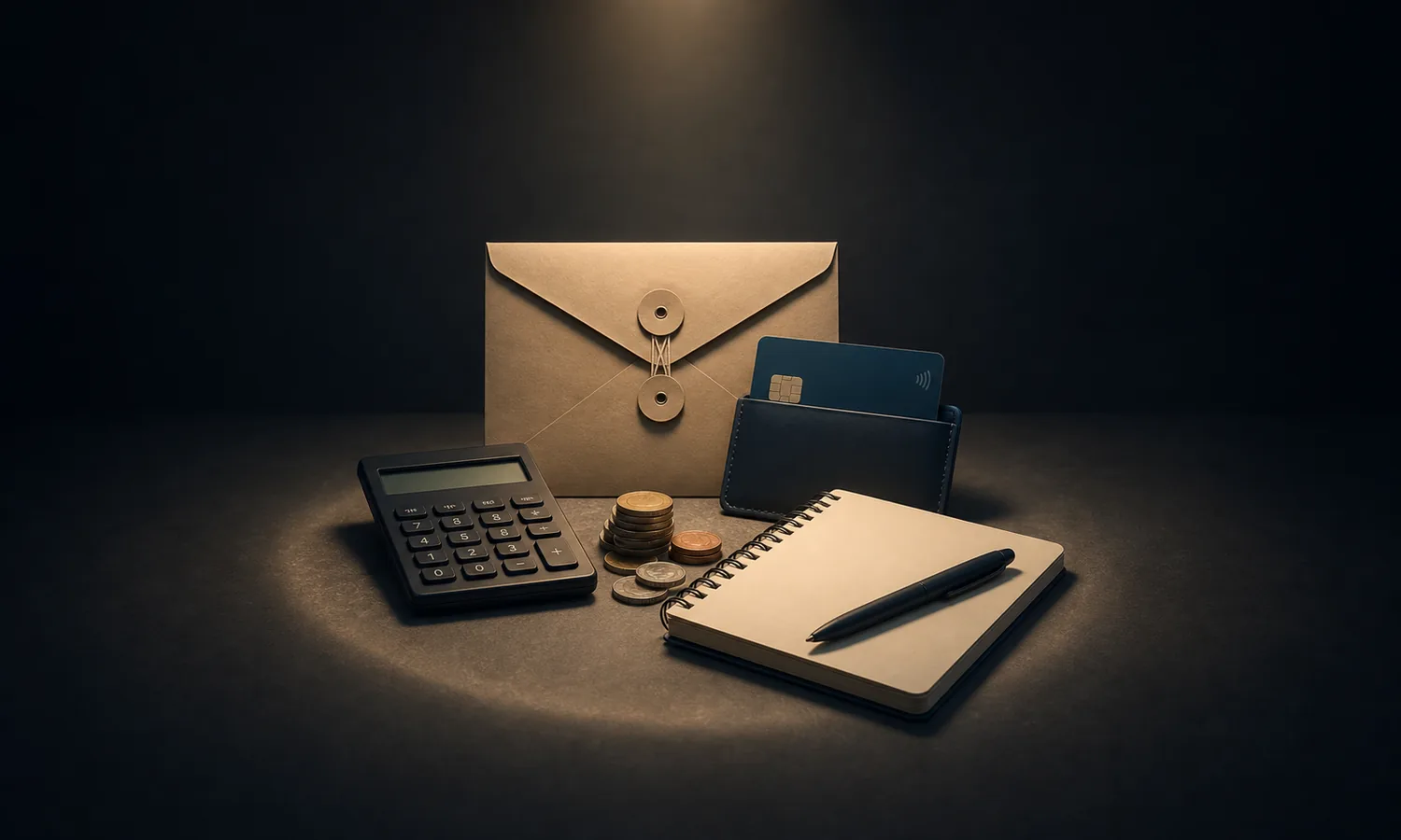 Money Stress Steals Brain Space lesson art: bill envelope, debit card, calculator, coins, and blank notebook in a calm money-planning setup