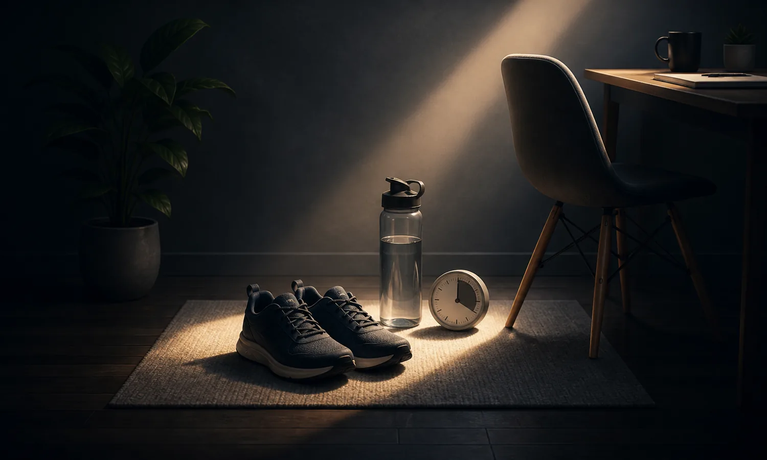 Use Micro-Movement Breaks lesson art: walking shoes, water bottle, small timer, and a chair pushed back for a short movement reset