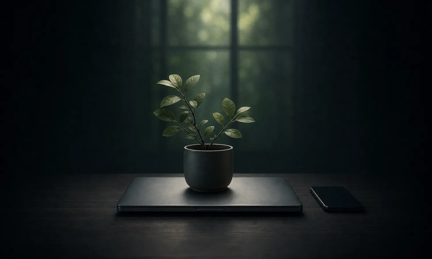 Use Nature to Reset Attention lesson art: small green plant centered on a closed laptop with a phone set aside in a dark desk scene