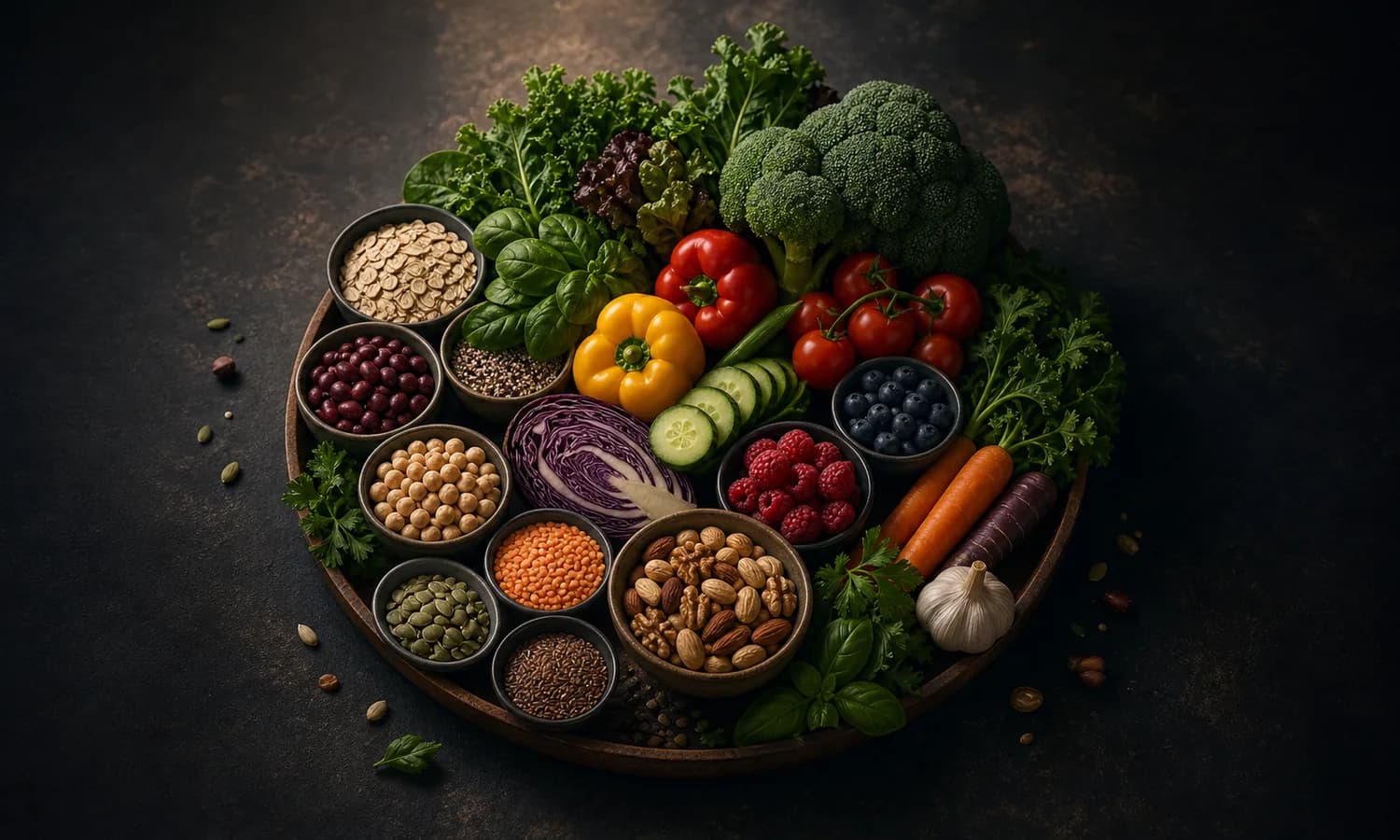 Eat More Types of Plants lesson art: centered tray of beans, grains, seeds, herbs, berries, greens, lentils, nuts, and vegetables