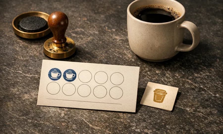 Economics lesson art: a partly stamped loyalty card beside a coffee cup and reward token, showing an artificial head start