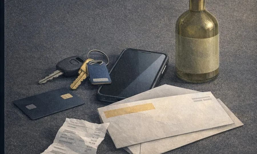 Economics lesson art: keys, phone, payment cards, receipt, envelope, and one forgotten household bottle arranged as a predictable friction cluster on a dark tabletop