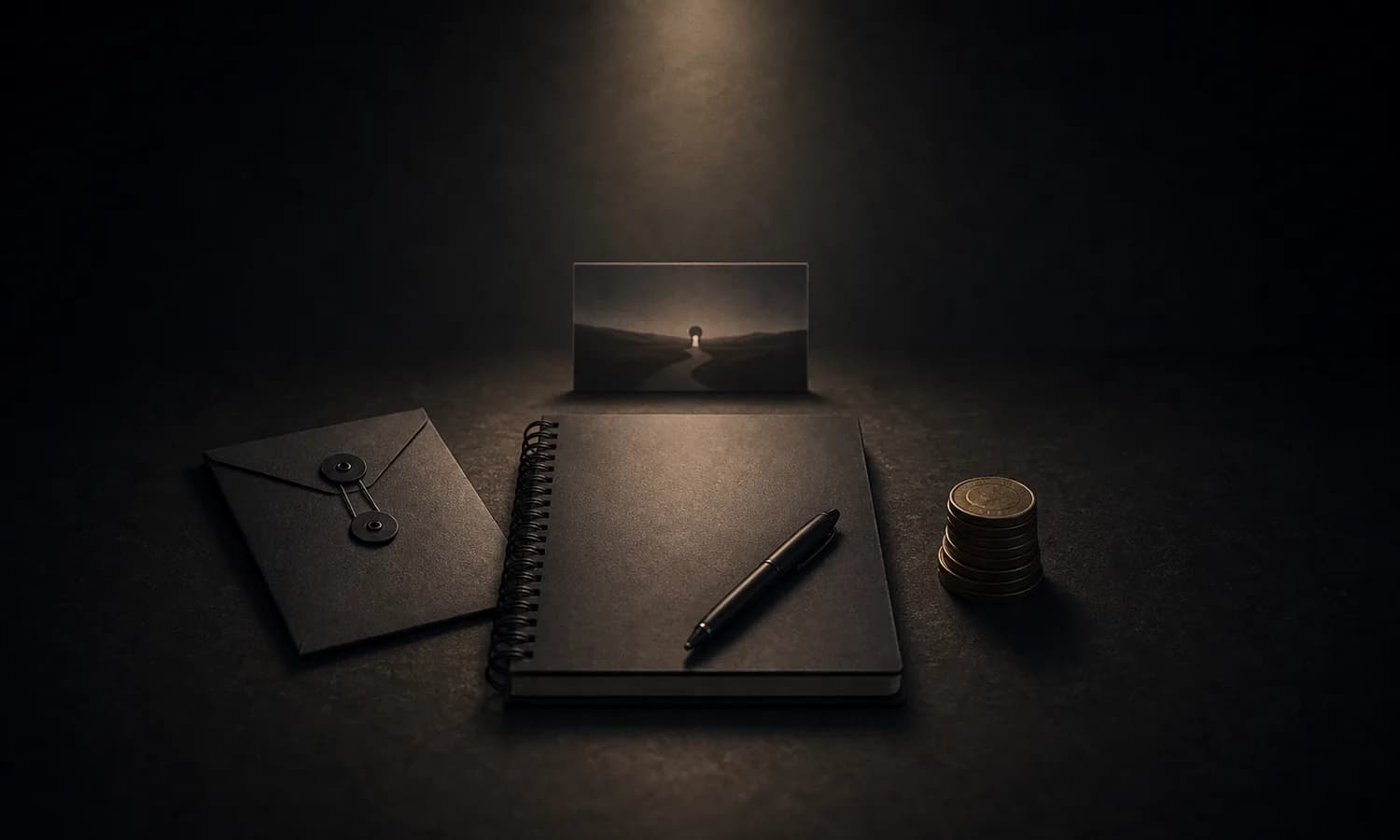 Economics lesson art: notebook, envelope, small coin stack, key, and distant future cue centered in a narrow dark spotlight