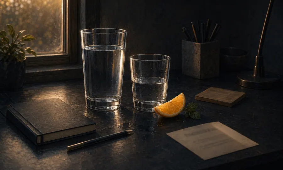 Energy lesson art: two water glasses, a folded note, and a citrus slice on a dark desk, showing quiet dehydration and brain fog