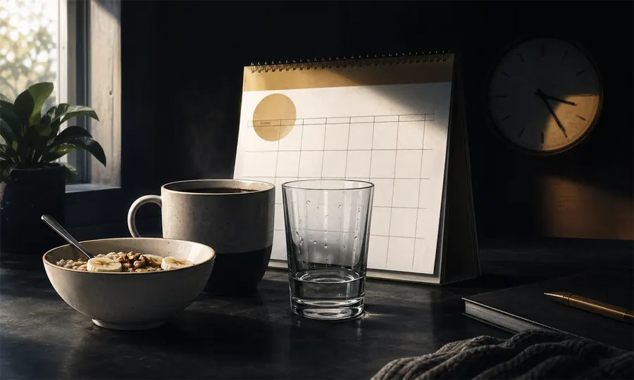 Energy lesson art: breakfast, coffee, water, and a fading afternoon clock showing how the crash is built earlier