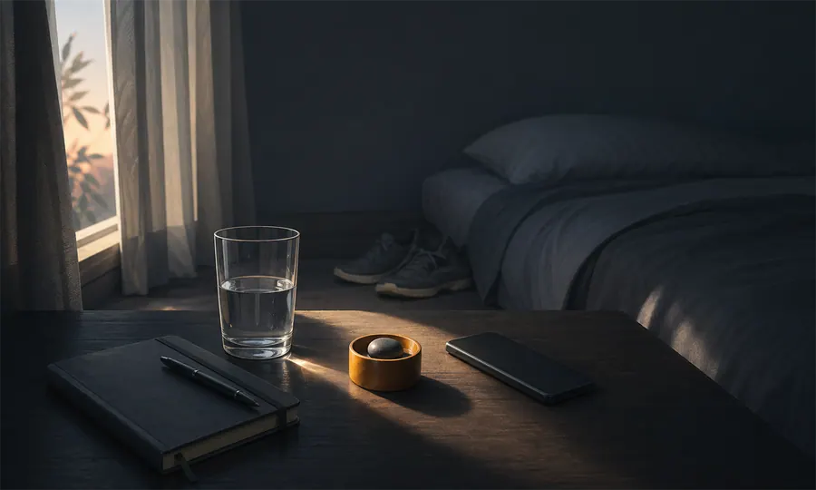 Energy lesson art: a dim morning reset setup with water, shoes, phone, and soft dawn light breaking a repeated flat day