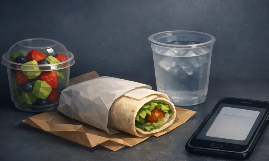 Fast food lesson art: wrap, fruit cup, water, and phone on a dark tabletop