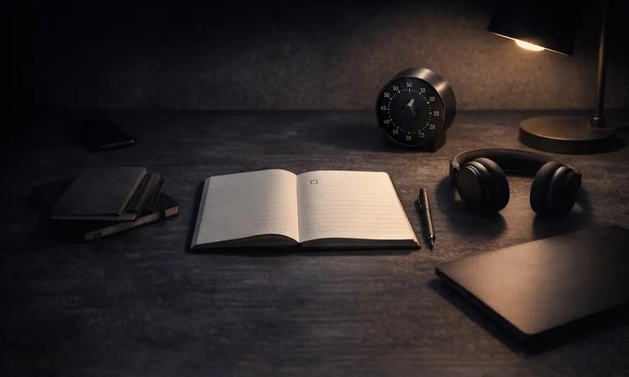 Focus lesson art: open notebook, timer, headphones, pen, distant phone, and soft desk-lamp light on a dark workspace