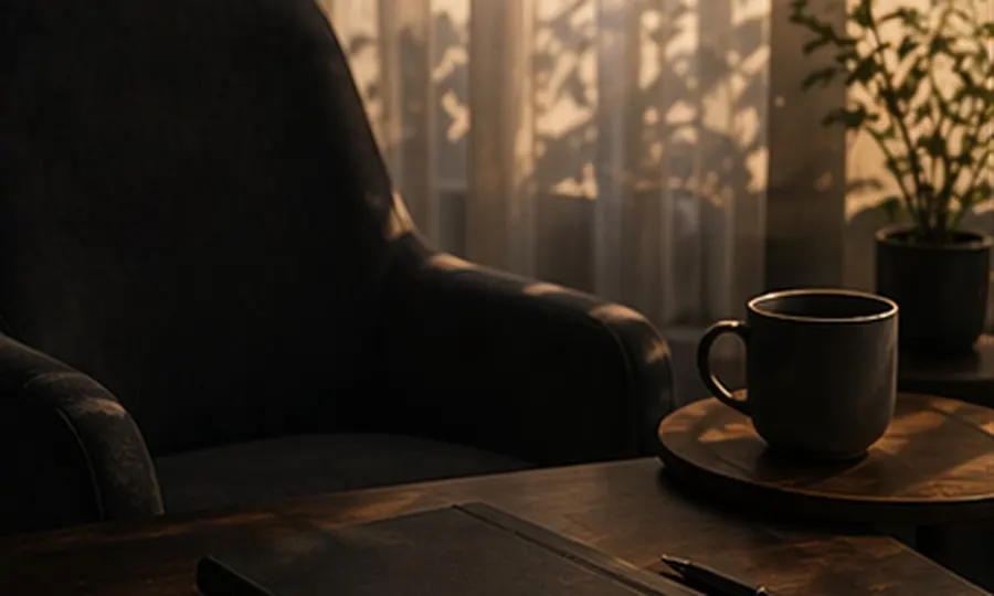 Focus lesson art: reflective chair-side desk scene with a mug, closed notebook, and quiet window light