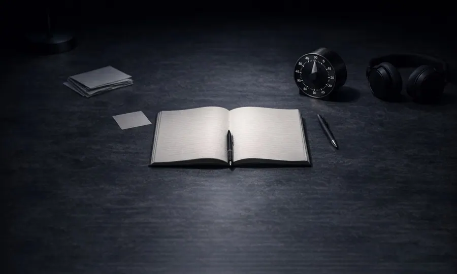 Focus lesson art: open notebook, timer, side note card, and headphones arranged on a dark desk in a calm pool of light