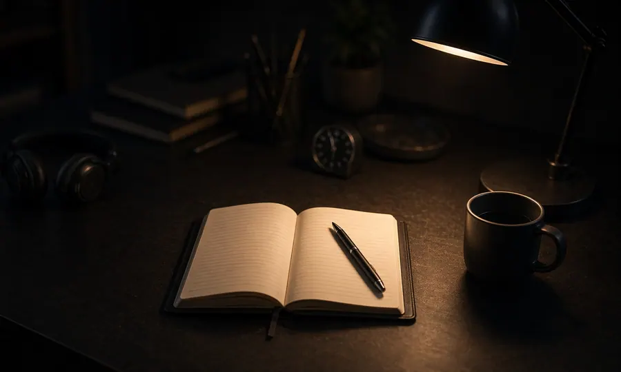 Focus lesson art: one notebook spotlighted sharply on a dark desk while surrounding objects fade softer into the shadows