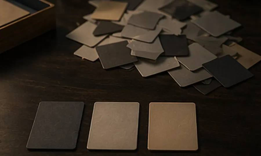 Focus lesson art: a small set of strong cards separated from a larger messy pile on a dark tabletop