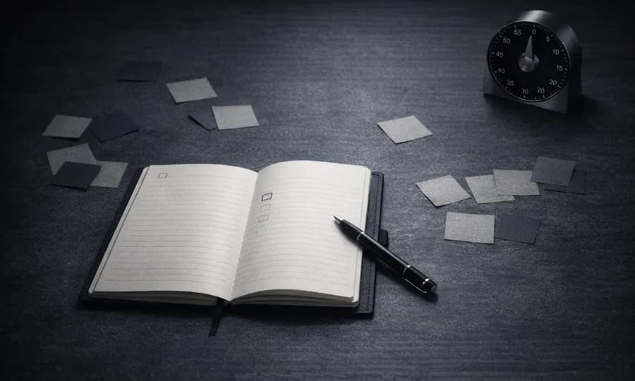 Focus lesson art: open notebook with unresolved checkboxes, pen set down mid-thought, scattered open-loop cards, and a timer on a dark desk