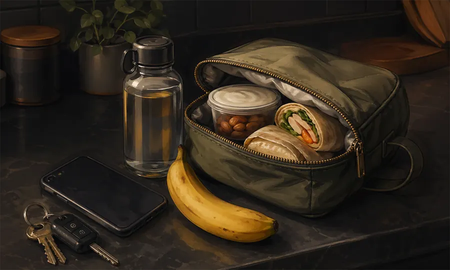 Chaotic days lesson art: a grab-and-go food rescue kit with pouch, yogurt, fruit, nuts, water, keys, and phone on a dark counter