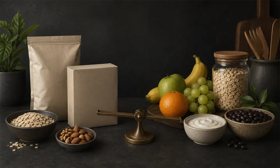 Products lesson art: neutral packaged foods and whole-food anchors arranged as a practical usefulness decision on a dark grocery counter