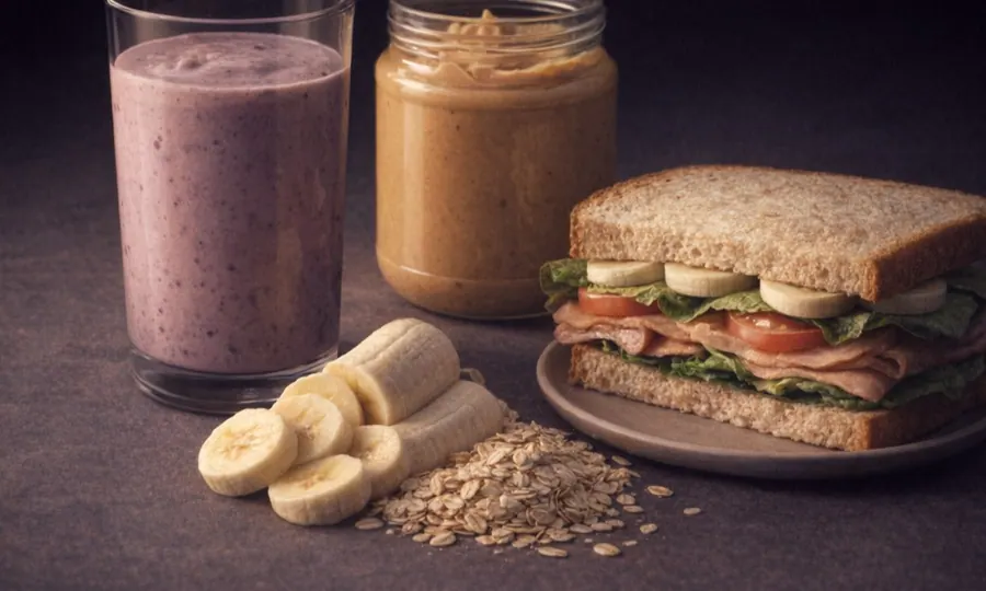 Weight gain lesson art: smoothie, peanut butter, banana, oats, and sandwich on a dark tabletop