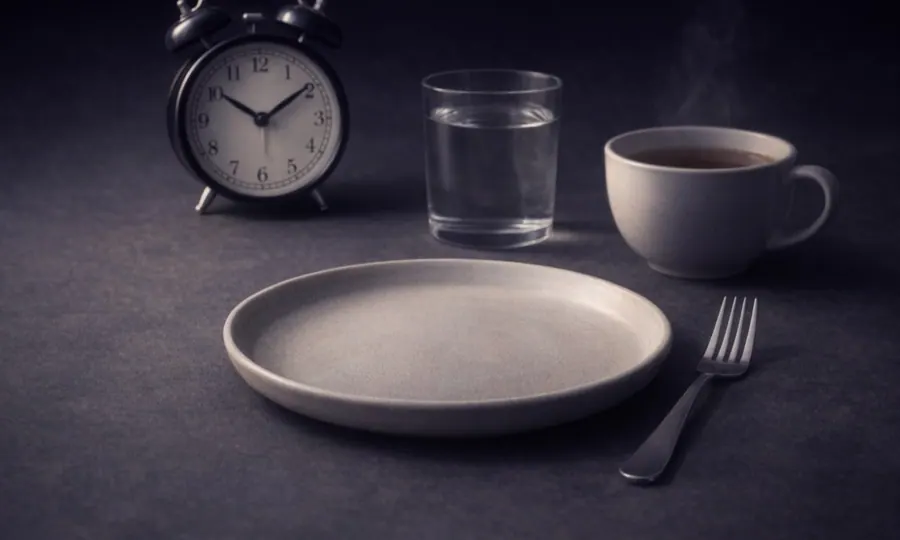 Intermittent fasting lesson art: analog clock, water, tea, and empty plate on a dark tabletop