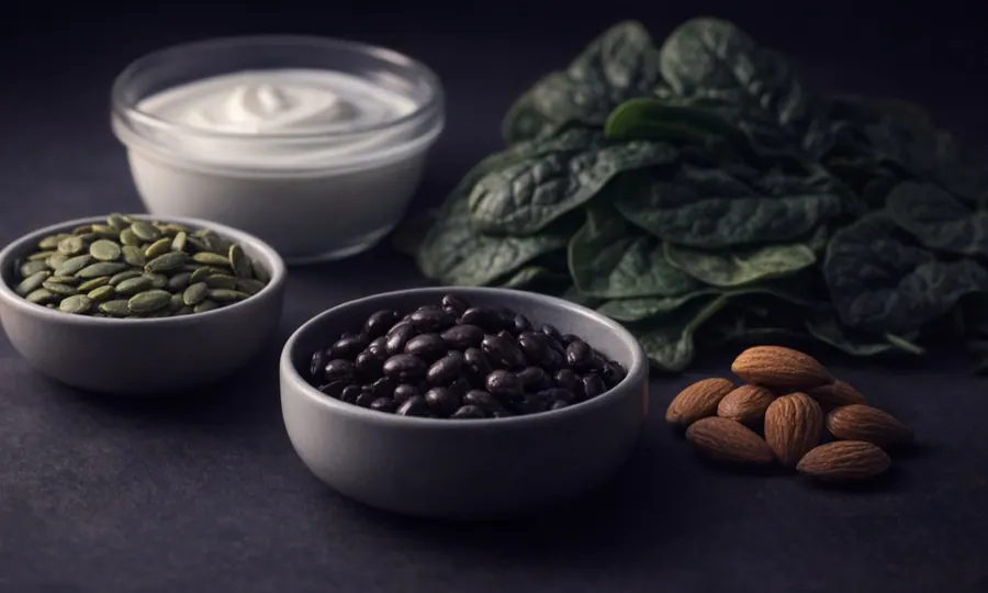 Magnesium lesson art: pumpkin seeds, black beans, yogurt, almonds, and spinach on a dark tabletop