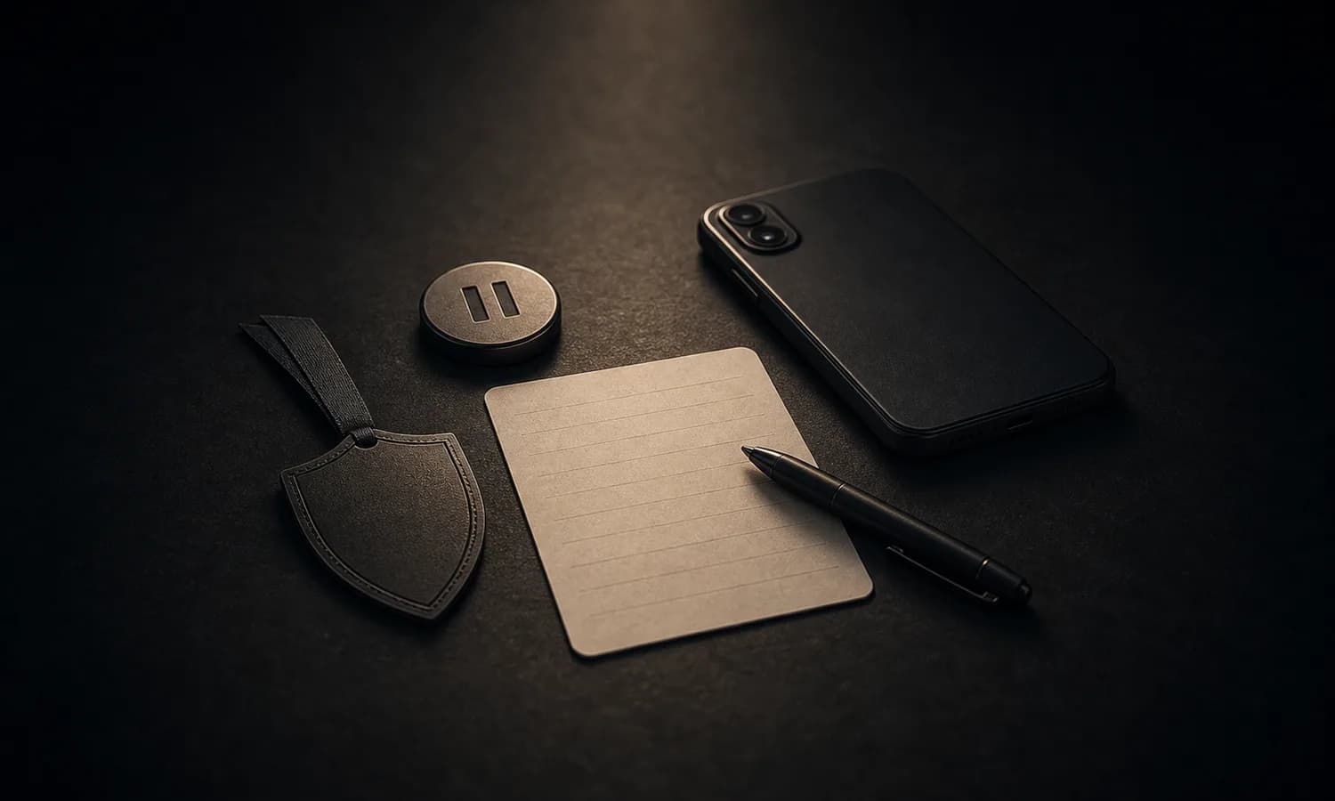 Anti-manipulation checklist lesson art: shield bookmark, blank card, pen, pause token, and face-down phone on a dark table