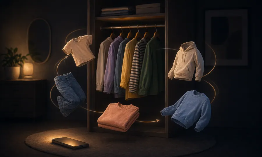 Dark editorial wardrobe scene with colorful new clothes circling an open closet like a shopping loop