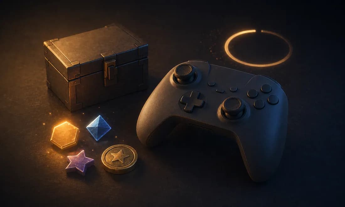 Game controller beside glowing tokens and a prize box shape, suggesting engineered reward loops