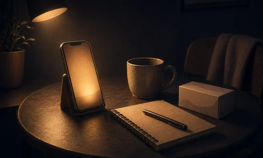 Phone on a table glowing like a friendly dinner companion beside a cup, notebook, and small product box