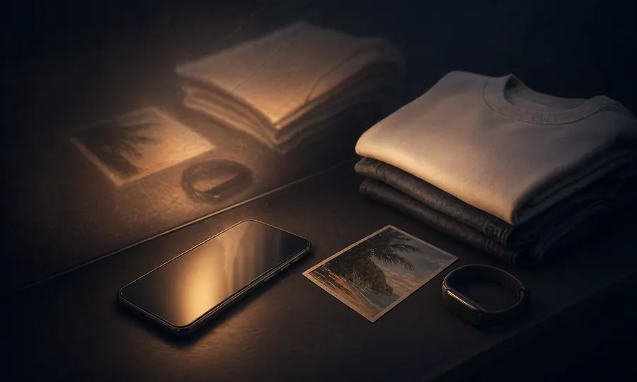 Dark editorial table scene with a phone glow reflecting lifestyle objects as comparison pressure