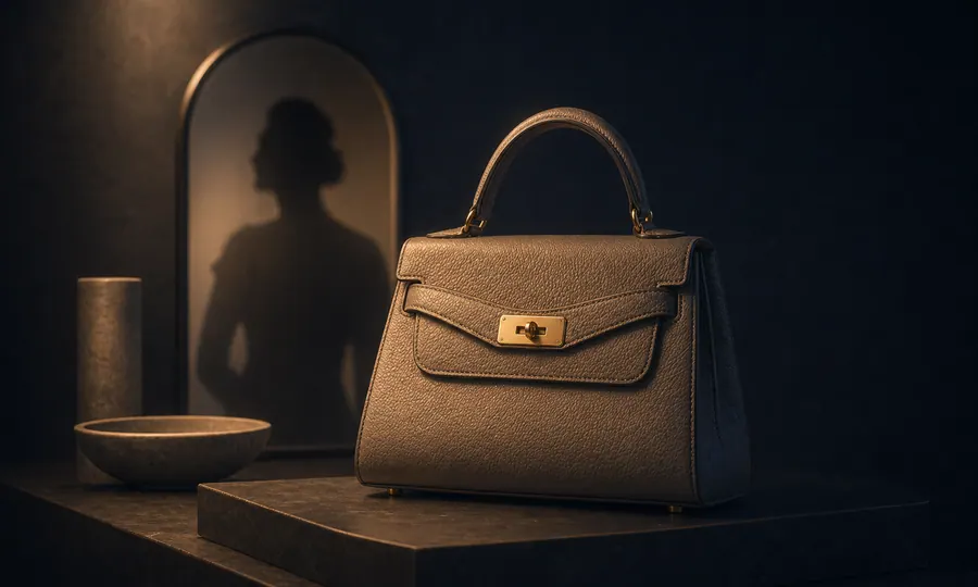 Unbranded luxury bag displayed like a museum object with a soft spotlight and status reflection