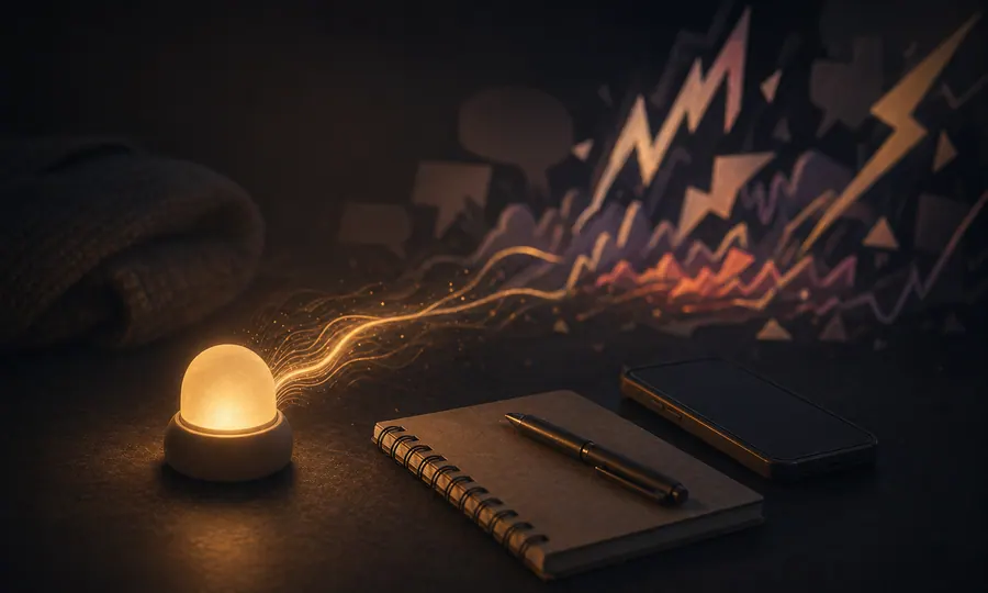 Dark editorial media signal scene with calm attention being pulled toward bright conflict waves
