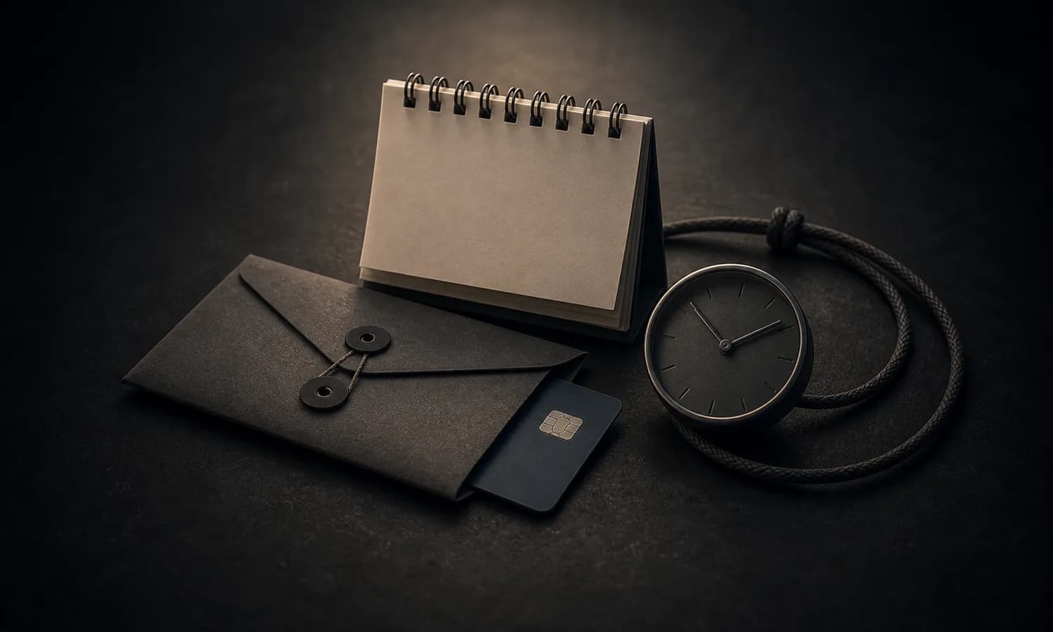 Subscriptions Hide the Total Cost lesson art: blank calendar stack, bill envelope, hidden card, and recurring cord cue on a dark table