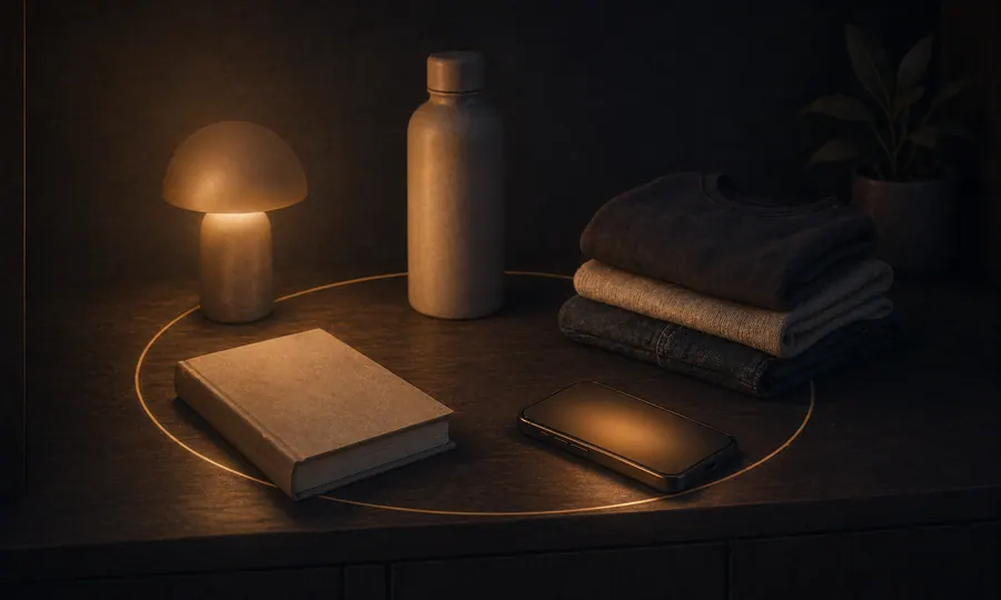 Carefully arranged aesthetic shelf with clothing, objects, and phone glow forming a polished identity loop