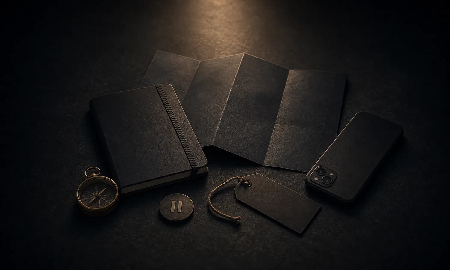 Manipulation Map lesson art: blank map, compass, phone, shopping tag, and pause token centered on a dark tabletop