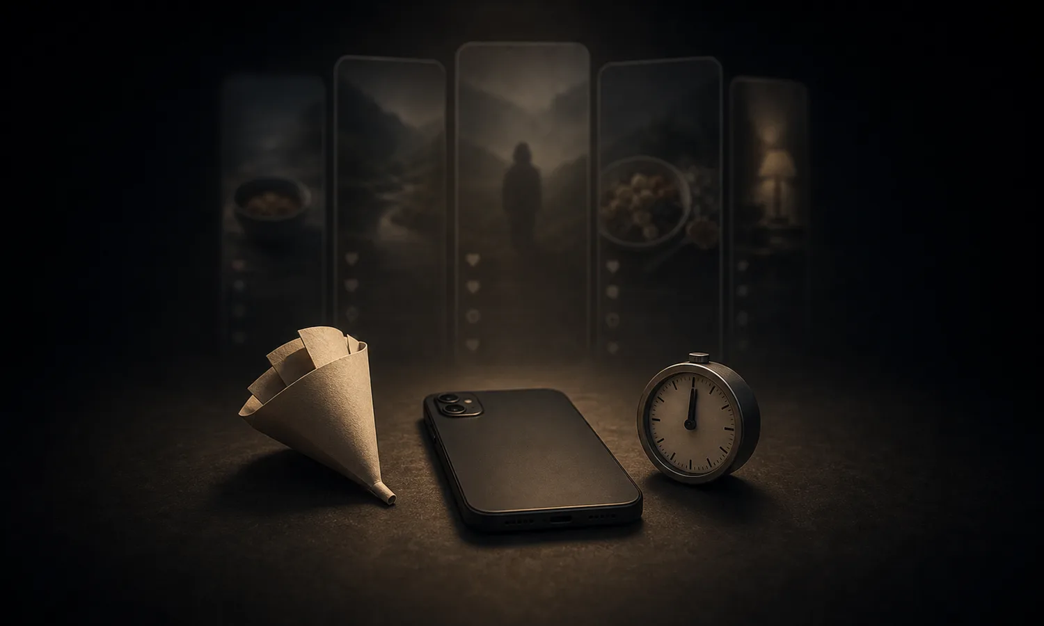 Funnel Inside the Feed lesson art: phone, paper funnel, timer, and blurred feed-card silhouettes centered in a dark scene