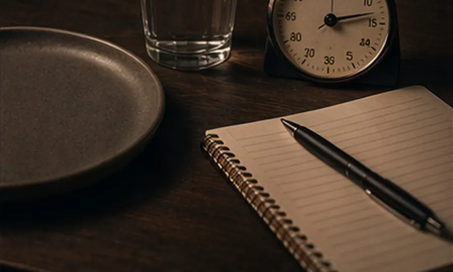 Metabolic lesson art: simple plate pushed aside beside a glass of water, notebook, and analog timer on a dark table