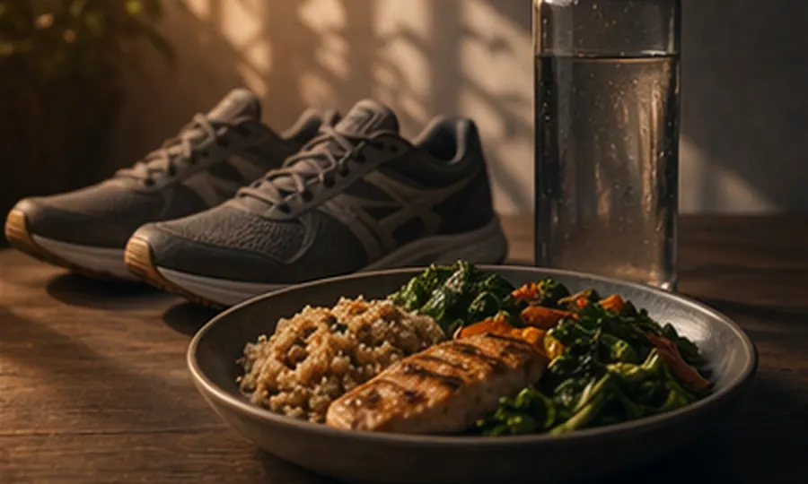 Metabolic lesson art: walking shoes, water bottle, and a simple balanced plate in soft morning light