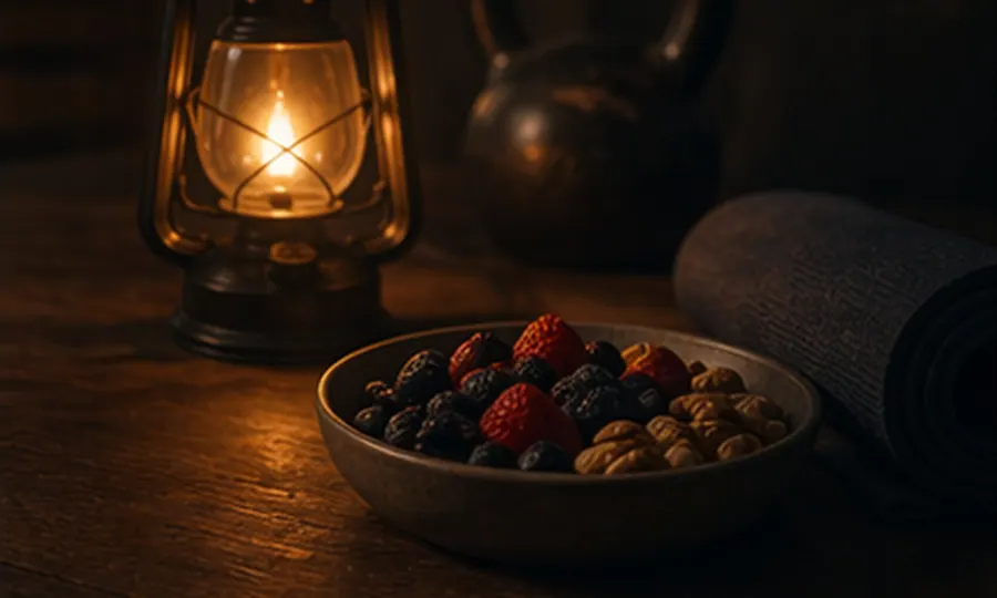 Metabolic lesson art: small lantern glow beside berries, nuts, kettlebell, and a rolled mat on a dark tabletop