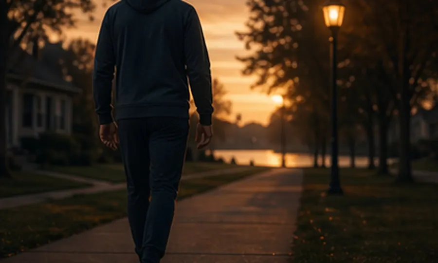 Metabolic lesson art: adult taking a calm evening walk along a quiet neighborhood path