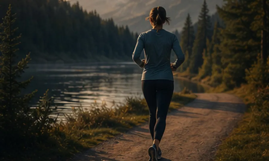 Metabolic lesson art: adult doing steady easy cardio on a lakeside path at a relaxed pace