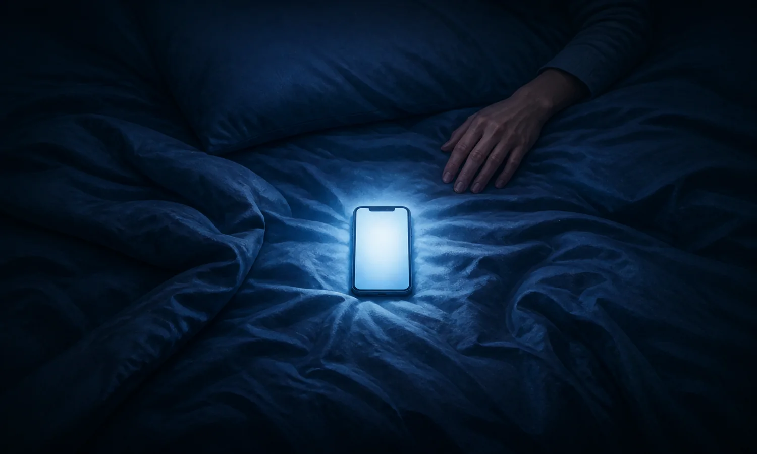 Midnight scroll lesson art: glowing smartphone centered on a dark rumpled bed at night, with a hand resting nearby