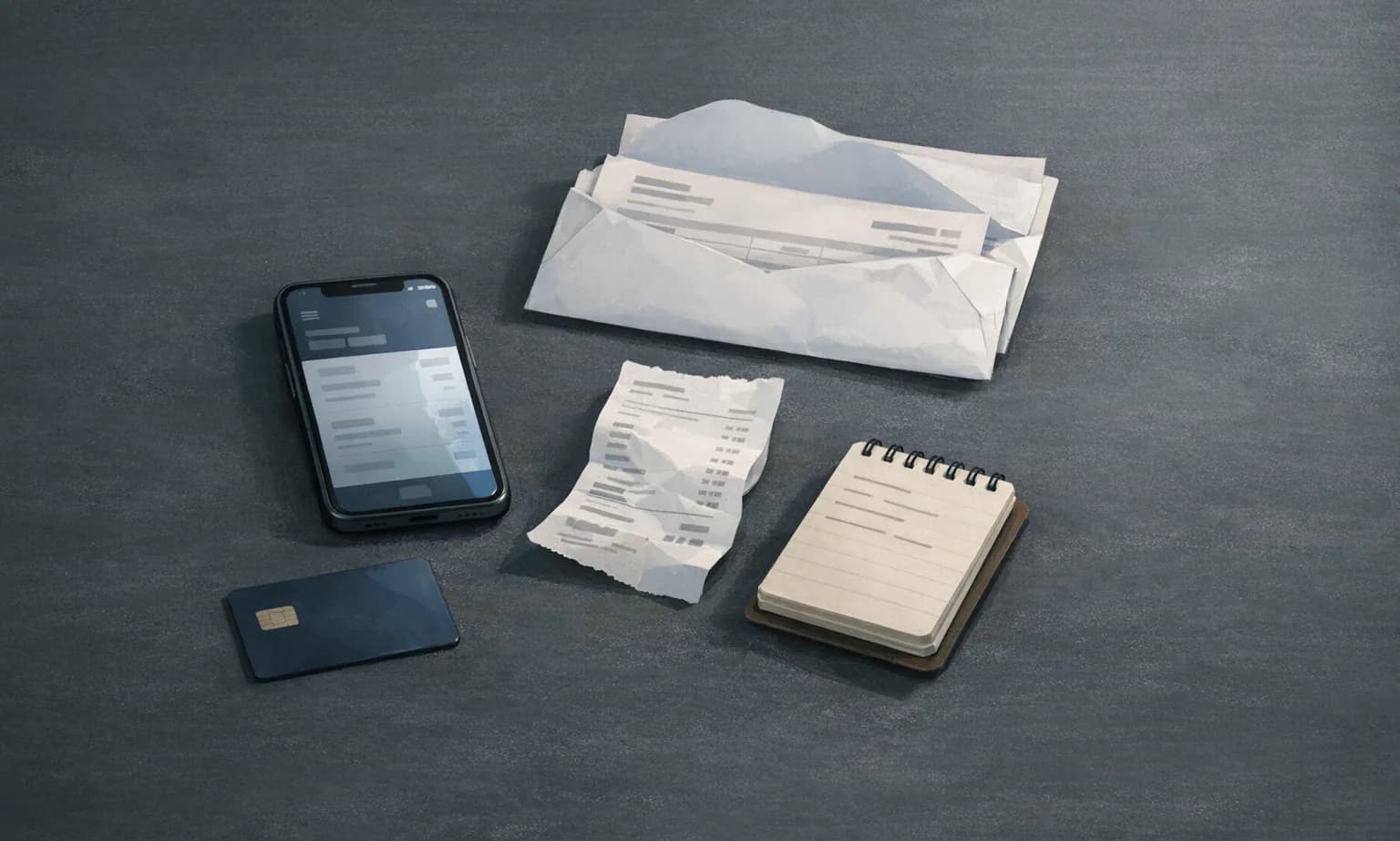 Money buffer lesson art: phone, bill envelope, receipt, debit card, and notebook on a dark tabletop