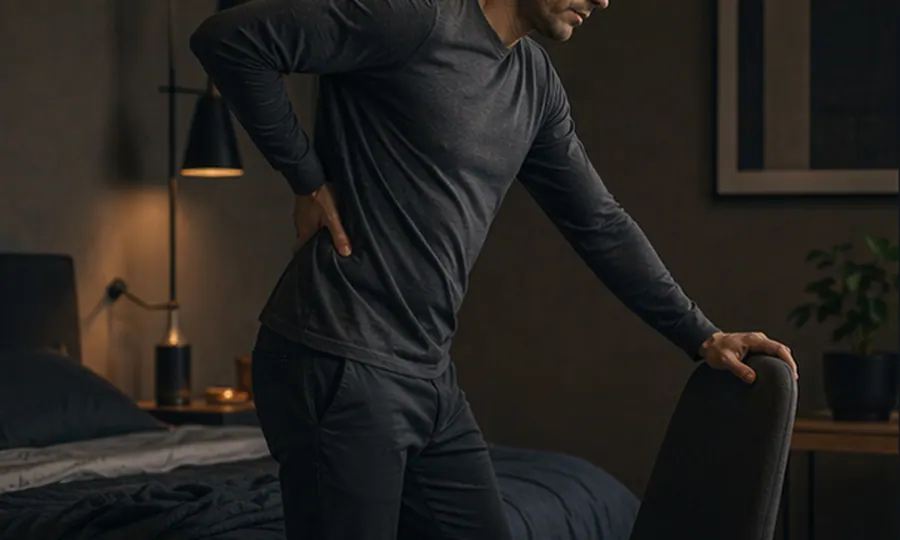 Posture lesson art: adult pausing calmly during a new back-pain moment beside a chair in a quiet room, assessing instead of panicking