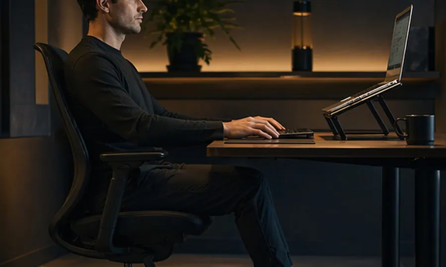 Posture lesson art: adult seated at a modern desk with the screen lifted, feet supported, and a calmer neutral work geometry