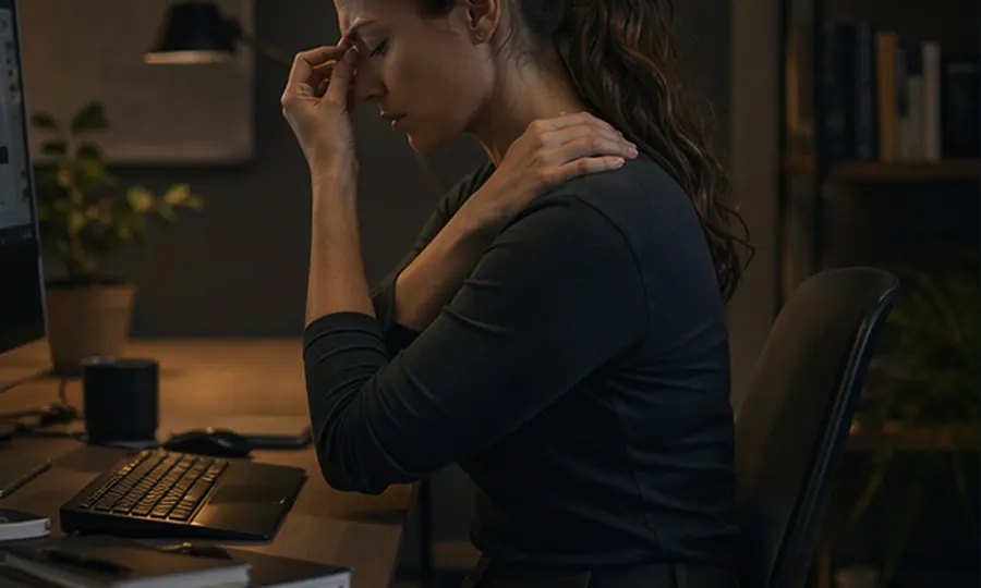 Posture lesson art: adult at a desk with subtle shoulder hiking and neck tension from repeated work posture