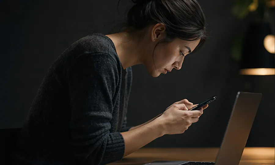 Posture lesson art: adult leaning forward into a low phone-and-laptop setup that visibly overloads the neck