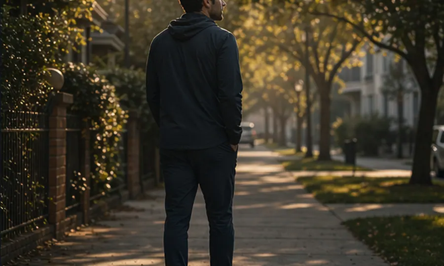 Posture lesson art: adult taking an easy neighborhood walk in soft light, making recovery look ordinary and repeatable