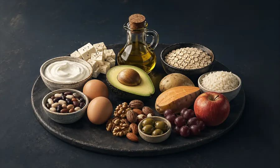 Macro lesson art: protein, fat, and carb foods arranged as practical tools on a dark tabletop