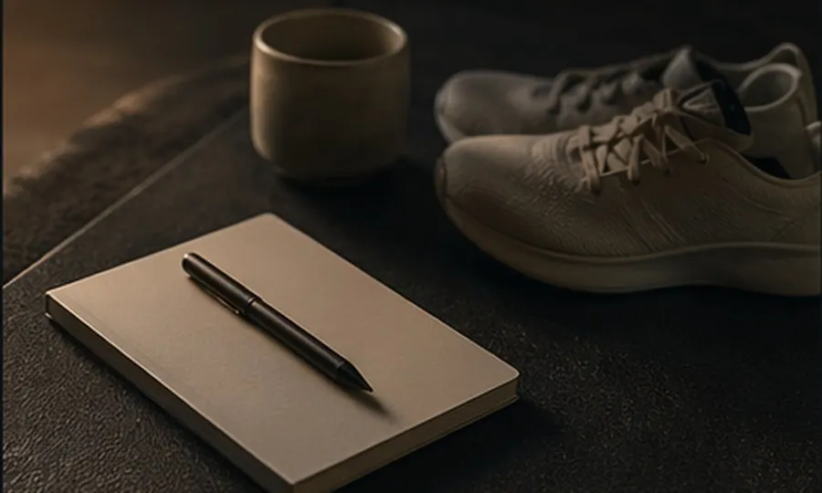 Purpose lesson art: one tiny honest starter move laid out beside shoes, mug, and notebook on a dark surface