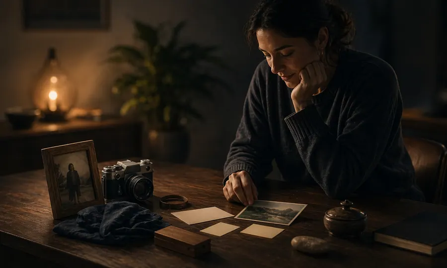 Purpose lesson art: woman reflecting over a few meaningful life objects and old photos on a dark wooden table