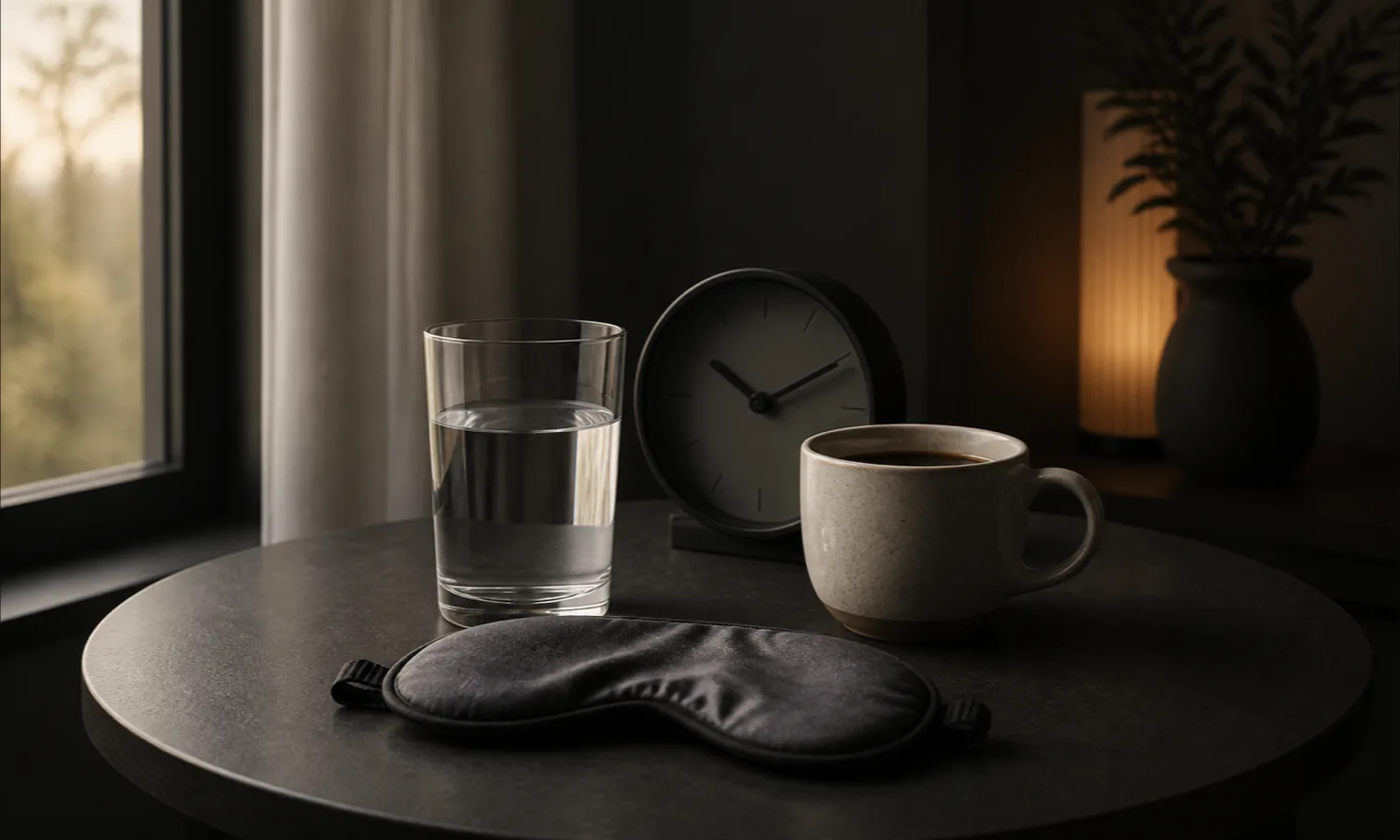 A glass of water, a small coffee, and a folded sleep mask sit in a calm pool of morning light.